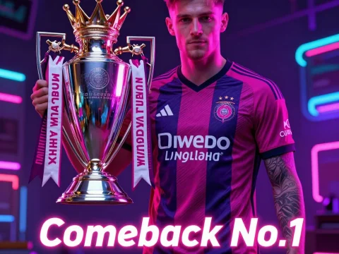 Soccer Player Holding Championship Trophy in Neon Light