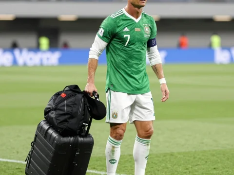 Soccer Player in Green Jersey with Luggage on Field