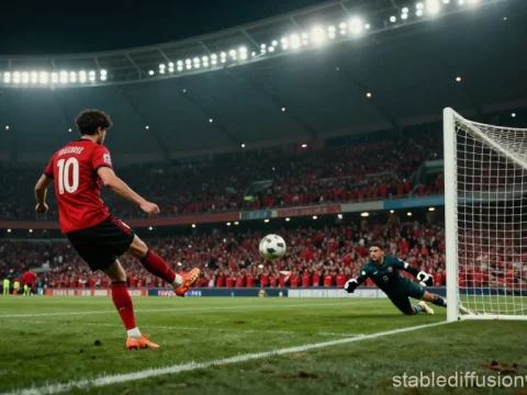 Soccer Player Taking a Shot on Goal with Goalkeeper Diving