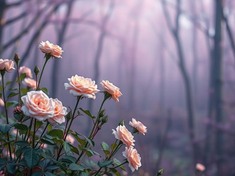 Soft Pink Roses in a Misty Purple Forest