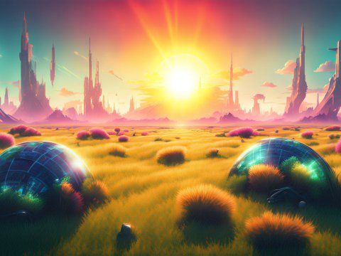 Solar Punk Futuristic Landscape at Sunset
