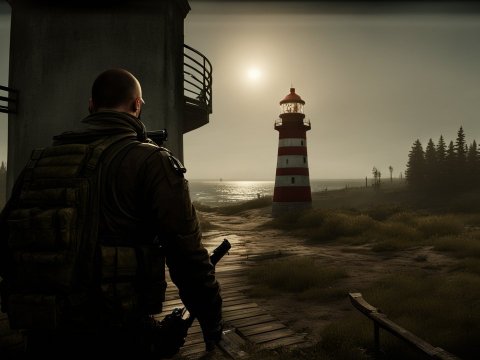 Soldier Approaching Lighthouse at Sunset