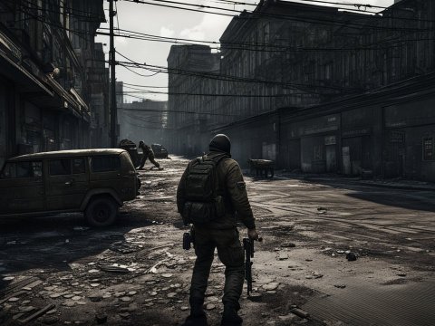 Soldier in a Desolate Urban Warzone