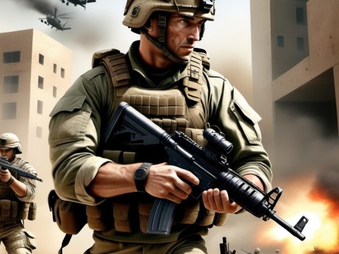 Soldier in Tactical Gear Amid Urban Combat Scene