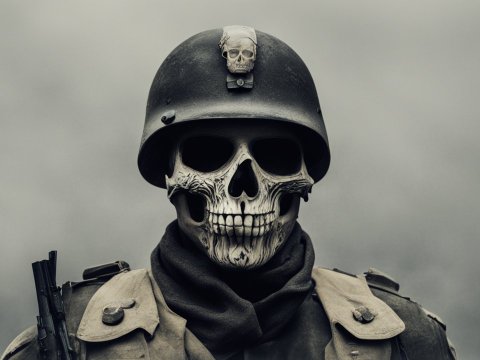 Soldier Wearing Skull Mask and Helmet