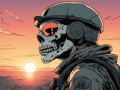 Soldier with Skull Helmet at Sunset