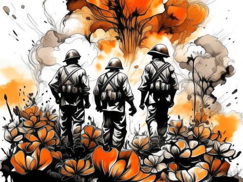Soldiers Amidst Explosive Floral Chaos