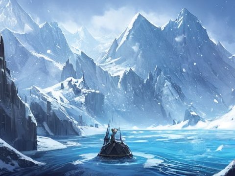 Solitary Boat in Icy Mountain Lake