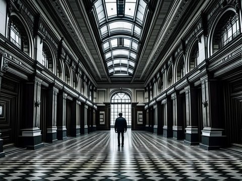 Solitary Figure in Grand Historic Hall with Checkerboard Floor