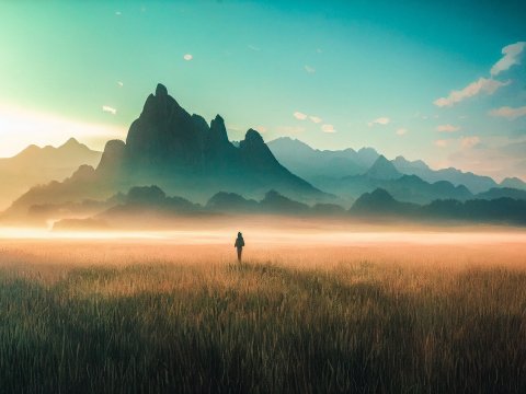 Solitary Figure in Misty Mountain Landscape at Sunrise