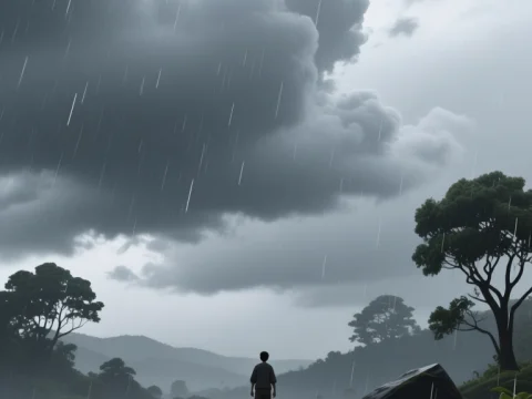 Solitary Figure in Rainy Overcast Landscape