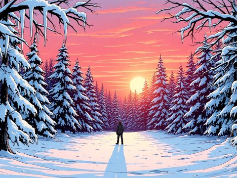 Solitary Figure in Snowy Forest at Sunset