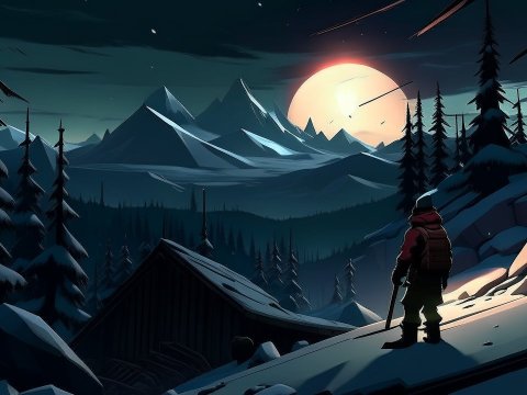 Solitary Figure in Snowy Mountain Landscape at Sunset