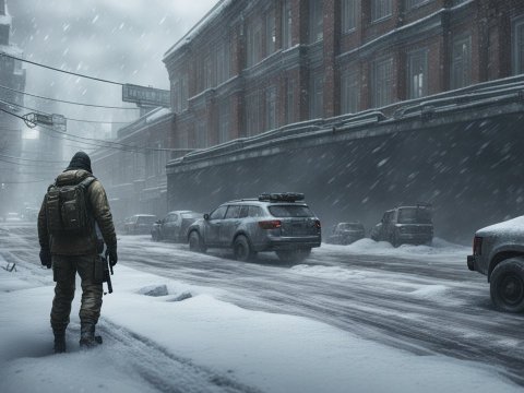 Solitary Figure in Snowy Urban Street