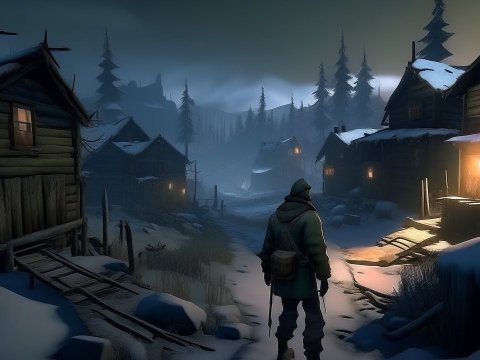 Solitary Figure in Snowy Village at Dusk