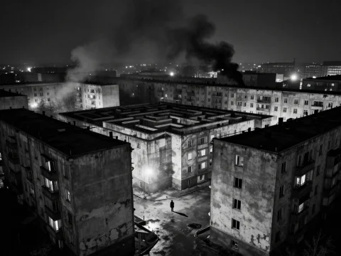 Solitary Figure in Soviet-Era Urban Maze at Night