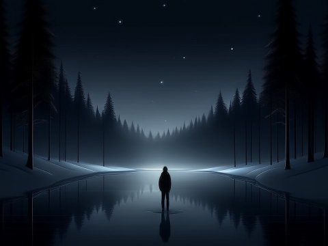Solitary Figure on Frozen Lake Under Starry Winter Night