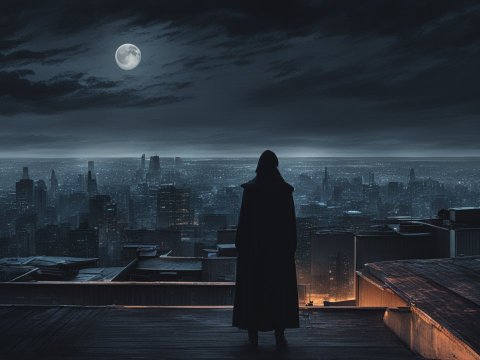 Solitary Figure Overlooking a Moonlit Cityscape