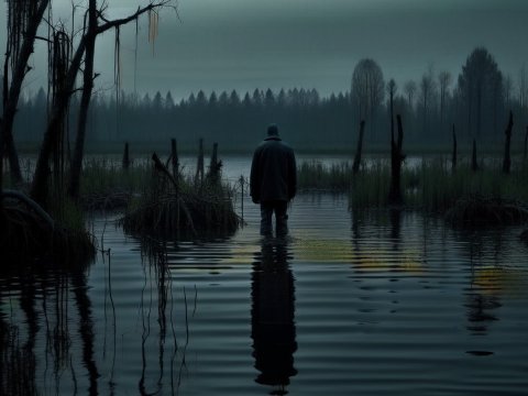 Solitary Figure Standing in a Dark Swamp at Dusk