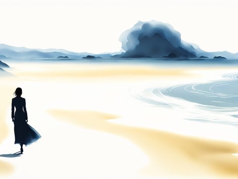 Solitary Figure Walking Along a Misty Shoreline