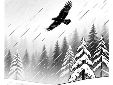 Solitary Hawk Flying Over Snowy Winter Forest