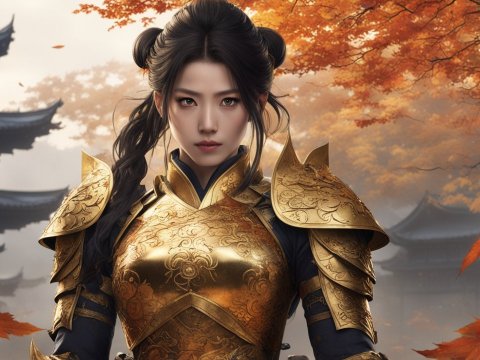 Solitary Heroine in Ornate Golden Armor Amid Autumn Scenery