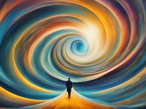 Solitary Man Facing a Vibrant Abstract Vortex