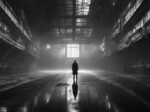 Solitary Man in Vast Abandoned Industrial Space