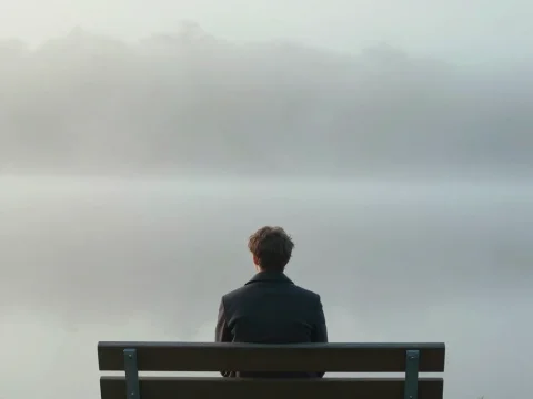 Solitary Man Sitting on Bench in Misty Landscape