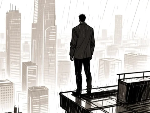 Solitary Man Standing on Rooftop in Rainy Cityscape