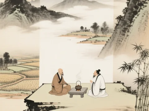 Song Dynasty Monk and Scholar Tea Ceremony on Cliff