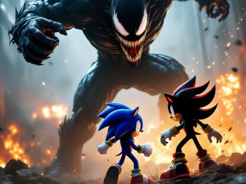 Sonic and Shadow Facing Venom in a Fiery Urban Battle