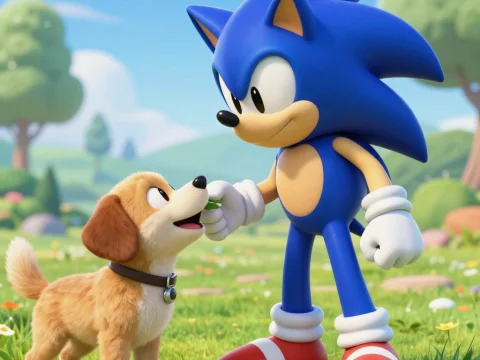 Sonic Feeding a Happy Puppy in a Sunny Meadow