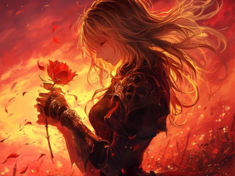 Sorrowful Woman Holding a Rose Amid Fiery Glow
