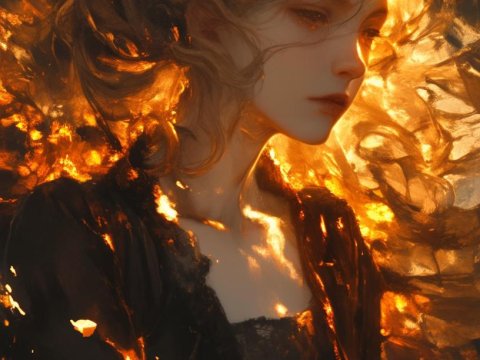 Sorrowful Woman Surrounded by Glowing Embers