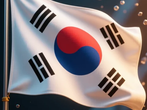 South Korea Flag Waving with Futuristic Geometric Elements