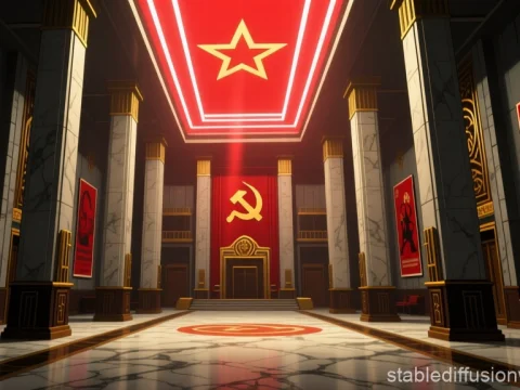 Soviet Retrofuturistic Grand Hall with Iconic Symbols
