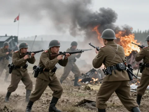 Soviet Soldiers Advancing in Battle with Explosions