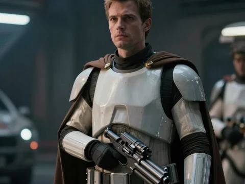 Spaceship Commander in White Armor with Cape