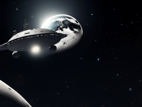 Spaceship Flying Near a Moonlit Planet in Deep Space