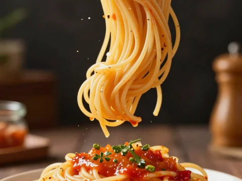 Spaghetti with Tomato Sauce and Herbs in Mid-Air