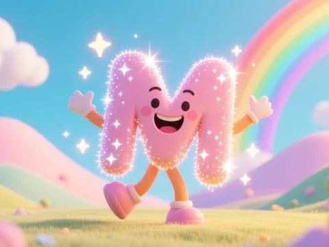 Sparkling Animated Letter M Dancing in a Colorful Landscape