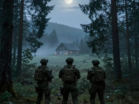 Special Forces Team Approaching Cabin in Foggy Forest at Night