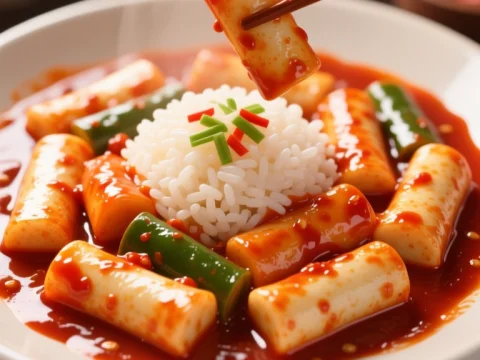 Spicy Korean Tteokbokki with Rice and Vegetables