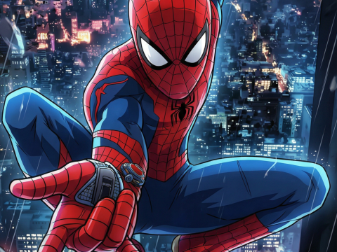 Spider-Man Swinging Over City at Night
