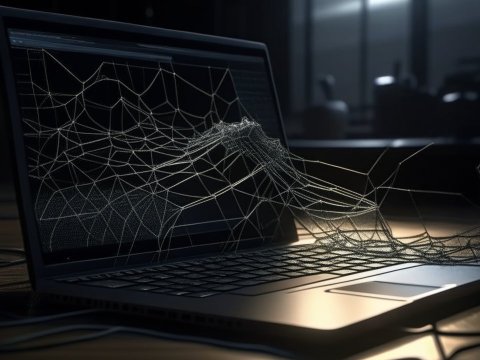 Spider Web Emerging from Laptop Screen in Dark Room