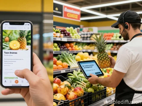 Split Screen Showing Digital and In-Store Pineapple Shopping