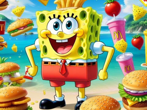 SpongeBob SquarePants with McDonald's Food at the Beach