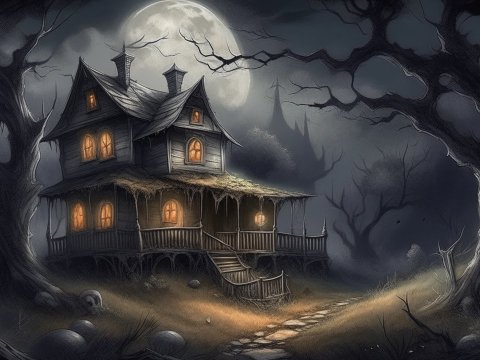 Spooky Abandoned House Under Full Moon