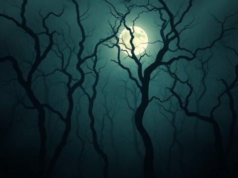 Spooky Foggy Forest with Full Moon